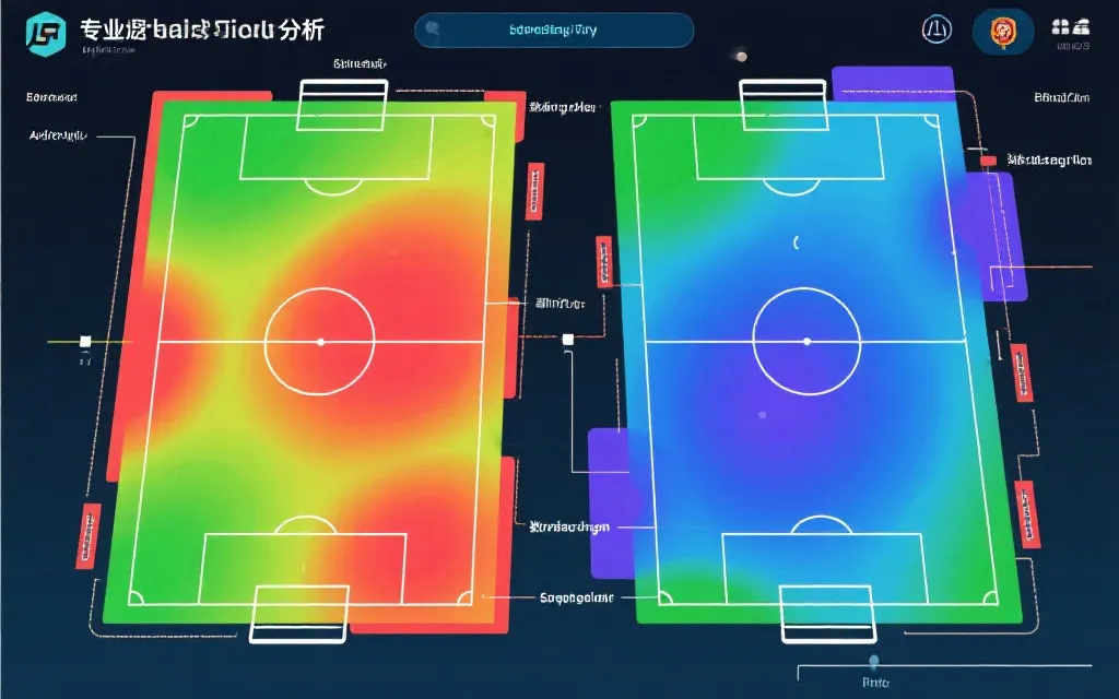 战术分析画面：两队阵型热区叠加，中场对抗与边路走廊标注，专业风格